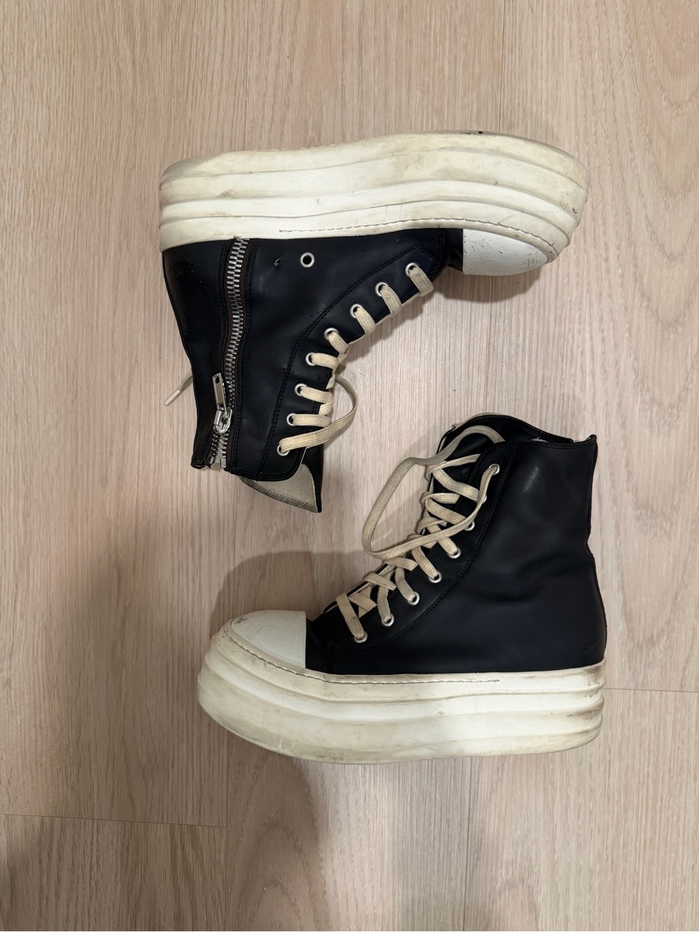 Rick Owens Black High-Top Platform Sneakers with Cream Soles and Laces